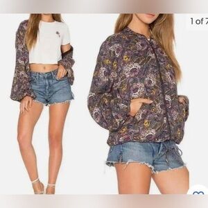 Free People floral light zip up jacket with Balloon sleeves size small S